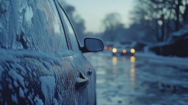 The windscreen of a car covered in frost and ice on a winter morning, close up