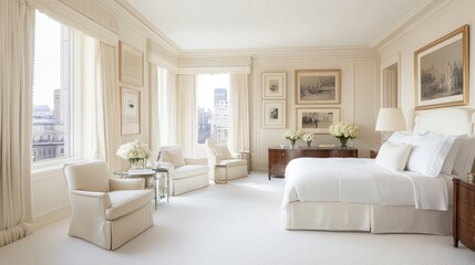 Fototapeta premium A spacious and sophisticated white bedroom featuring a cozy reading nook, elegant furnishings, and soft textiles that create a luxurious feel.