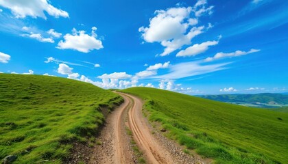 Fototapeta premium a view of a dirt road going up a grassy hill