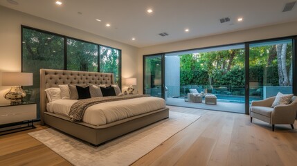 Fototapeta premium A spacious bedroom with a modern design, featuring a sleek platform bed, minimalist decor, and large windows allowing natural light to fill the space.