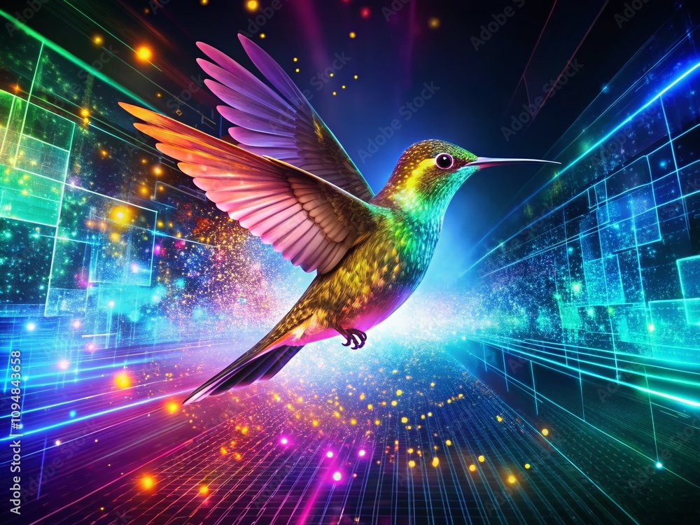 Poster big data visualization with a digital hummingbird in neon colors, showcasing high depth of field and