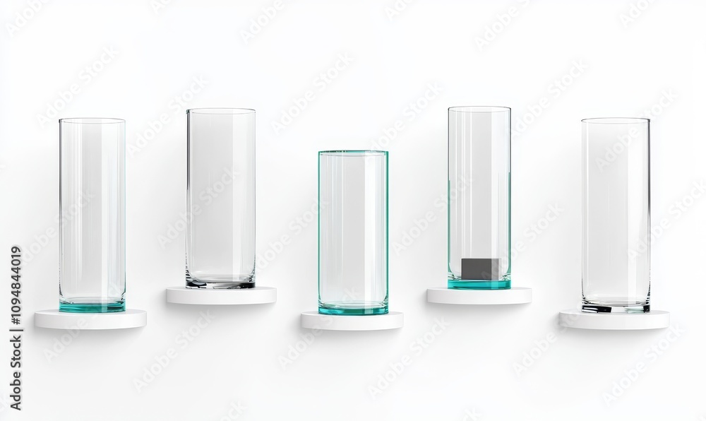Poster transparent glass cubes and cylinders create product podiums of varying heights. this modern set of 