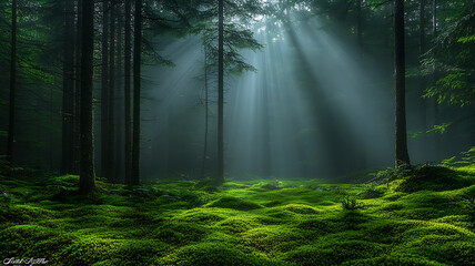 Fototapeta premium Peaceful forest landscape with sunlight shining through dense leaves