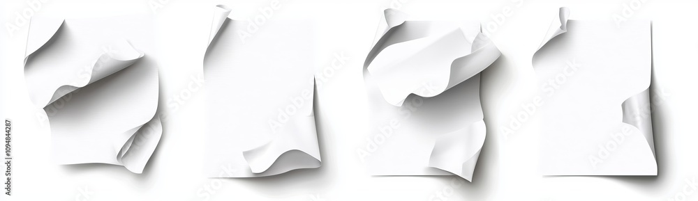 Poster a realistic 3d modern illustration showing a flying paper sheet from various angles, featuring curve