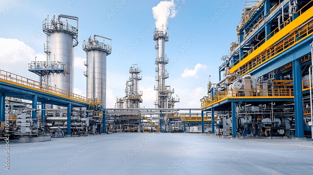 Poster impressive aerial view of a large fuel processing plant with towering distillation columns heavy ind