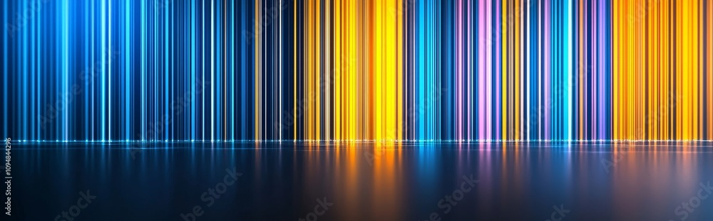 Poster a golden vertical light beam and a speed flare effect. a golden laser spark on the floor against a m