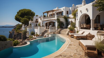 Fototapeta premium Summer vacation at a traditional Mediterranean white house. Poolside views of the sea from the hill create a serene backdrop.