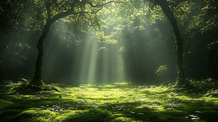 Obraz premium Peaceful forest landscape with sunlight shining through dense leaves