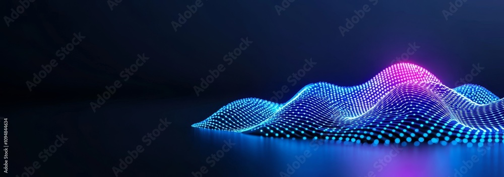 Poster three abstract surfaces composed of neon blue and purple dots and lines twist into a triangular tunn