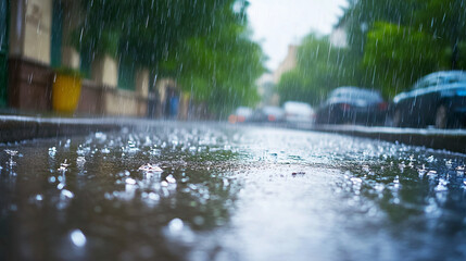 Fototapeta premium Rain-Soaked Urban and Natural Scenes with Reflections, Lush Greenery, and Soft Light Capturing the Freshness and Serenity of Post-Rain Environments