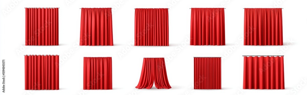 Poster a realistic 3d illustration set featuring a red velvet theater curtain in both closed and open posit