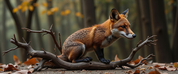 a fox is standing in front of a bunch of flowers. The image has a playful and whimsical mood, as the fox is a cute and cuddly animal, while the flowers add a touch of color