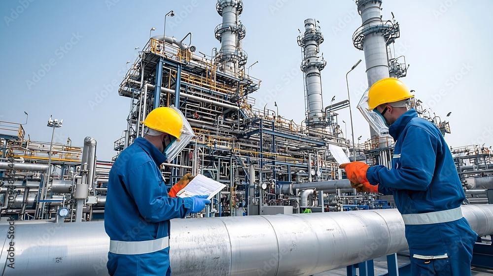 Poster a group of refinery workers dressed in safety gear carefully inspecting pipelines and monitoring the