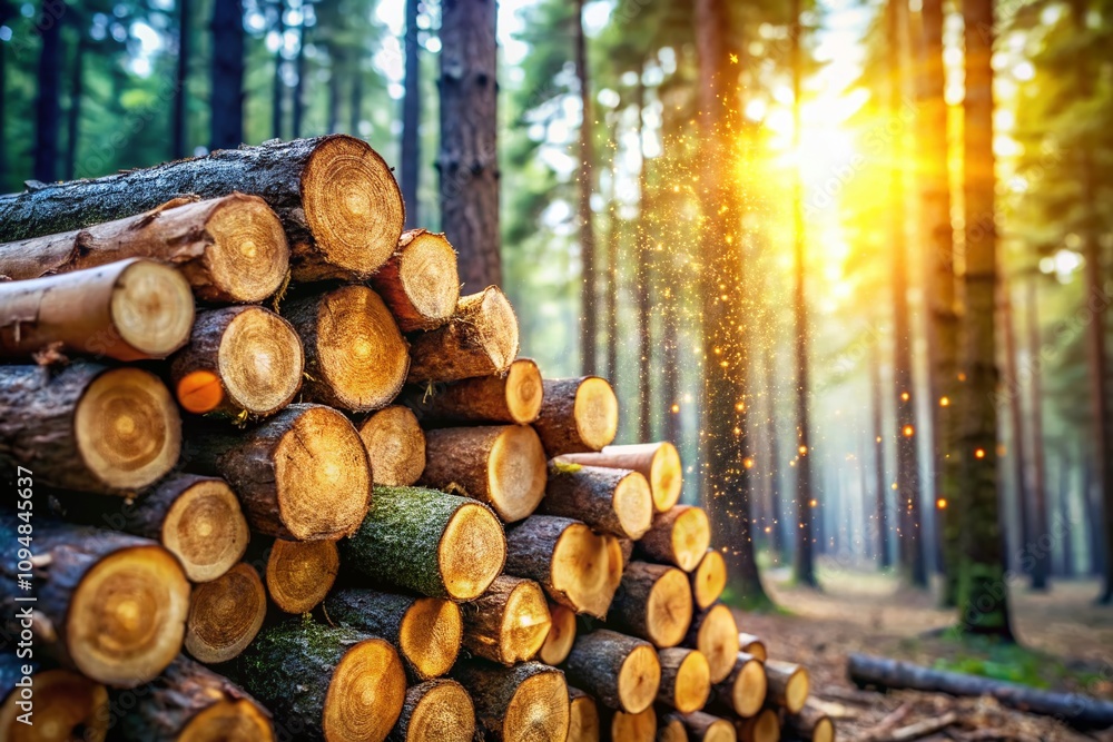 Poster bokeh effect close-up of pine tree log stack in forest, showcasing wood industry storage with natura