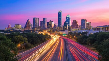 Obraz premium A sweeping view of a city skyline at night, with prominent streets and highways glowing with traffic, highlighting the bustling energy of urban life.