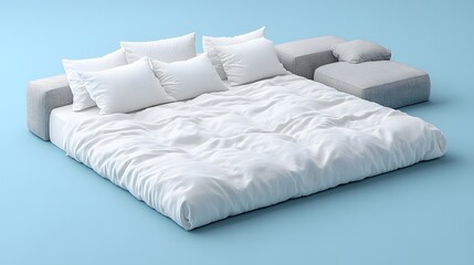 Minimalist isometric furniture design in 3D showcasing a bed with pillows, a contemporary armchair, and a modern sofa