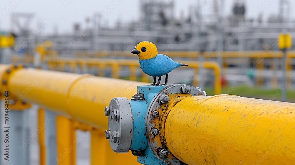 Poster closeup view of a metal industrial refinery valve controlling the flow and pressure of fuel processi