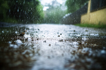 Fototapeta premium Rain-Soaked Urban and Natural Scenes with Reflections, Lush Greenery, and Soft Light Capturing the Freshness and Serenity of Post-Rain Environments