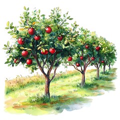 Fototapeta premium Watercolor Painting of Apple Trees in an Orchard, Idyllic Rural Landscape.