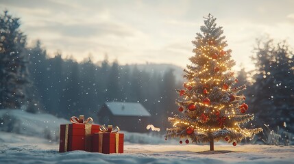 Real live decorated Christmas tree with wrapped gifts placed underneath