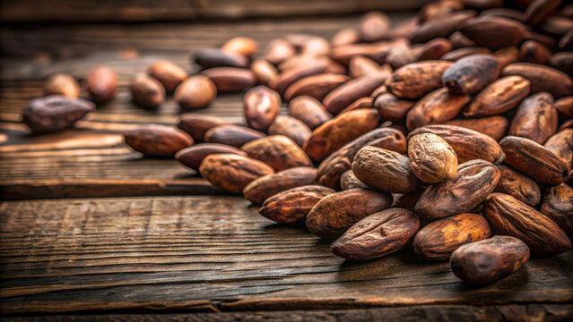 Photorealistic raw cocoa beans with textured shells scattered on rustic wooden table in soft natural lighting with copy space
