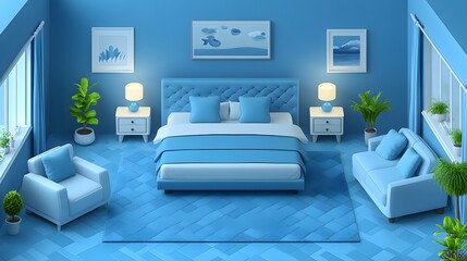Isometric modern interior furniture set in 3D cartoon style, including a soft bed, an accent armchair, and a comfortable sofa