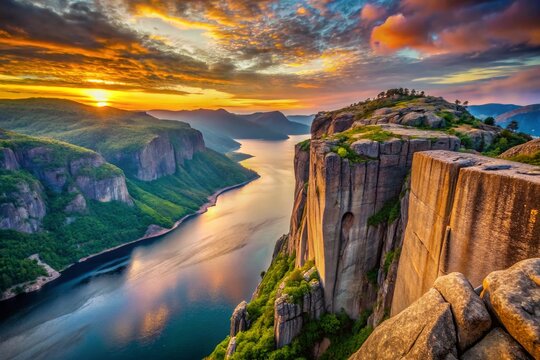 Breathtaking Aerial View of Pulpit Rock in Norway Surrounded by Dramatic Cliffs and Lush Greenery Captured from Above at Sunset, Showcasing Nature's Majesty and Serenity