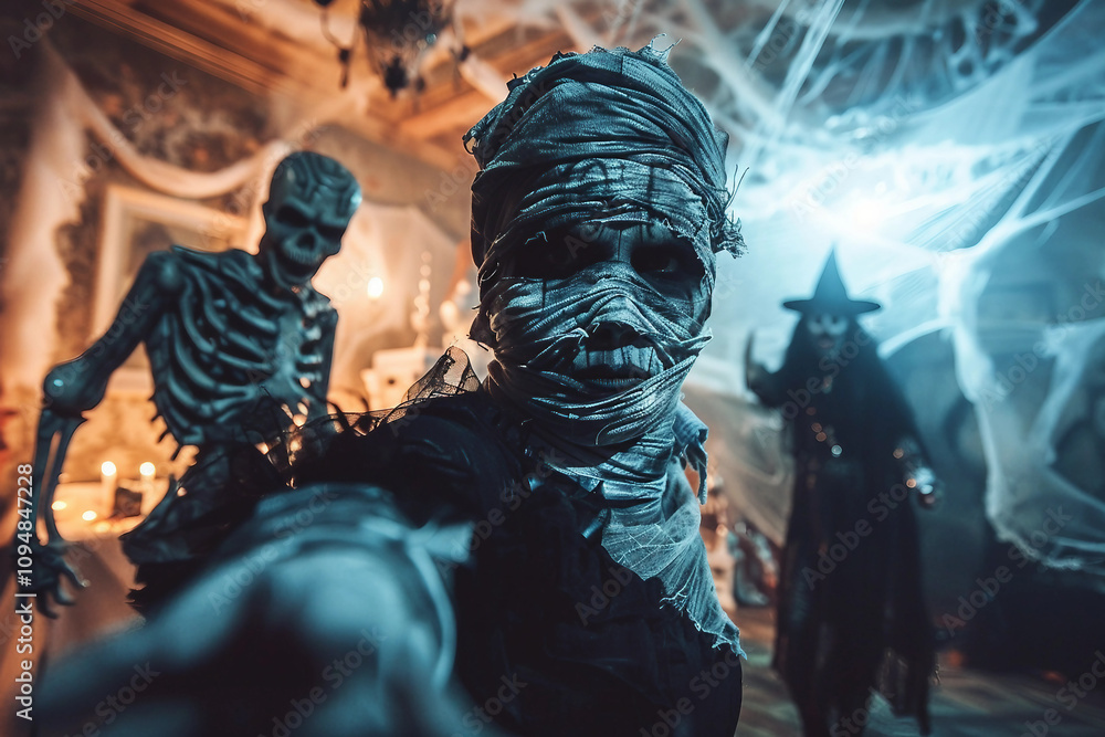 Poster holiday theme party with masks designed with generative ai image