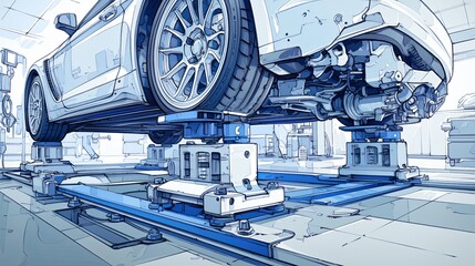 Close-up of a car wheel alignment in a modern auto workshop