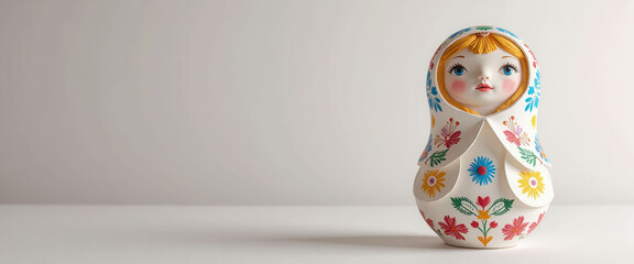 Fototapeta premium A doll is sitting on a table next to a Christmas tree. The doll is decorated with flowers and has a flower on its head. The table is set with plates, cups, and a cake