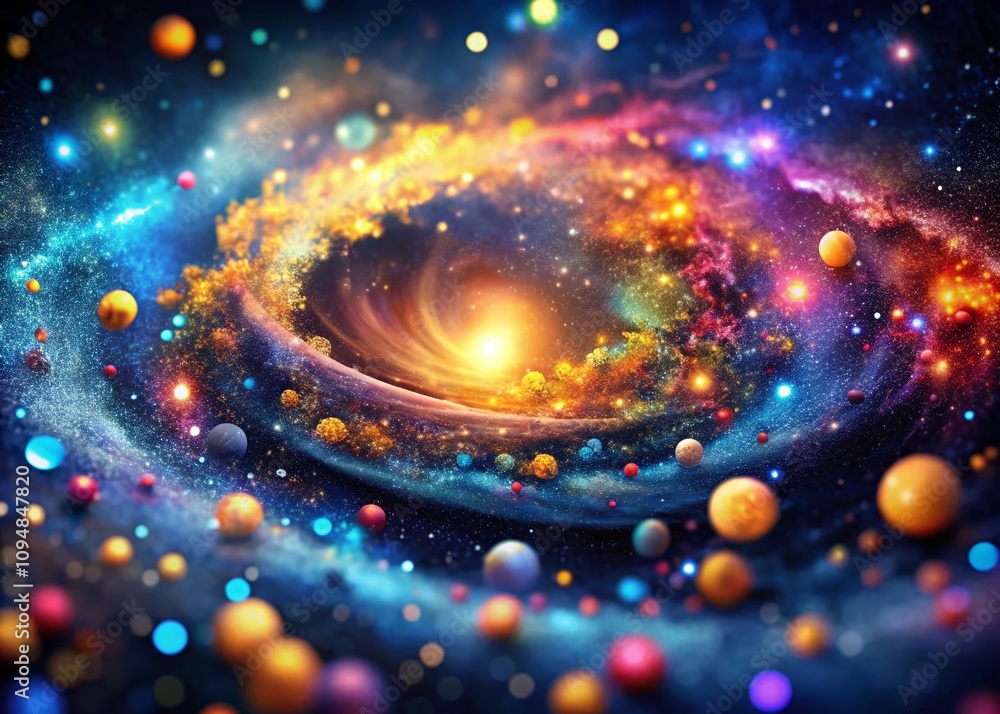 Poster breathtaking galaxy scene with bokeh effect capturing celestial wonders in vibrant colors and depth,