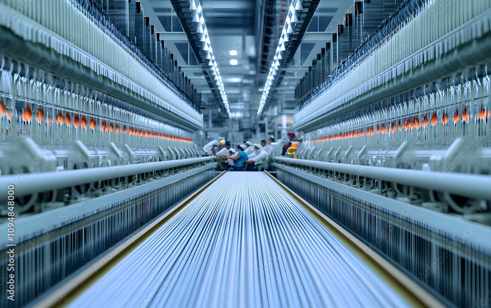 Poster a modern textile factory with rows of machinery and workers engaged in production.