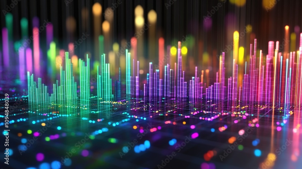 Poster a vibrant 3d bar chart displaying fluctuating data in various colors, set against a sleek, dark back