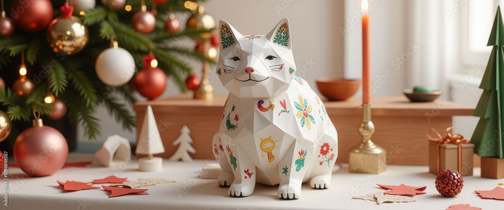 Aufkleber a white cat with a green and red design sits on a table in front of a christmas tree