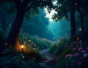 Fireflies sparkling in a mystical garden during twilight, where a gentle stream flows through, an Indian boy in traditional attire kneeling by the water, mesmerized by the flickering lights above him
