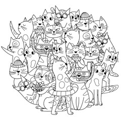 Cute cats circle shape coloring page. Doodle mandala with summer feline animals for coloring book. Outline background. Vector illustration
