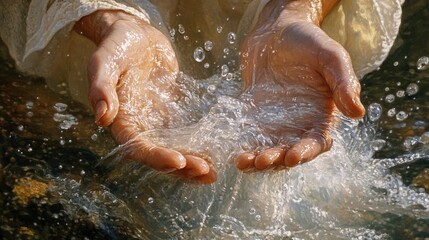 Fototapeta premium Hands Cupping Flowing Water With Bubbles
