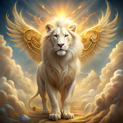 A majestic white lion with golden runes and cloud-like wings, shimmering in radiant light,