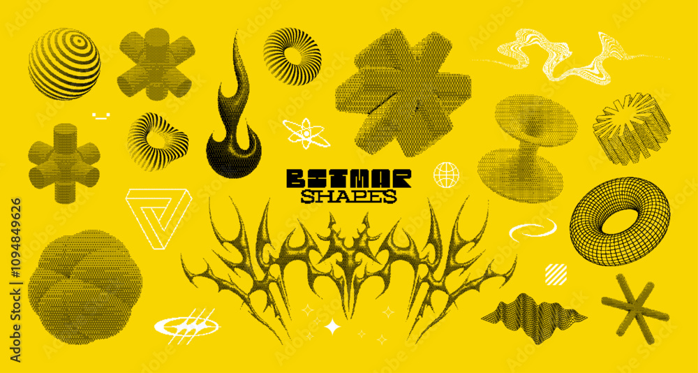 Poster Bitmap style, pixel art, 3d halftone elements with retro abstract shapes. Acid retrowave elements, digital art, halftone 3d monochrome collection. Vector graphic set