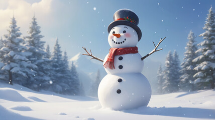 Christmas seasonl dressed snowman in the winter with snow fall