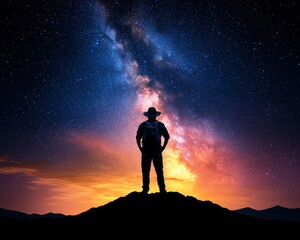 Fototapeta premium Majestic Milky Way Galaxy Night Sky Silhouette Man on Mountain Peak