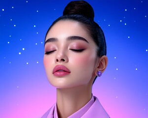 Serene Woman Purple Hues Night Sky Makeup Beauty Portrait