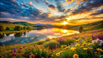 Obraz premium Breathtaking panoramic view of a scenic landscape showcasing rolling hills, vibrant wildflowers, and a serene lake, capturing the essence of nature in its full glory at sunrise or sunset.
