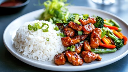 A vibrant display of crispy pork served alongside fragrant jasmine rice and colorful vegetables, emphasizing a delicious and appetizing meal.