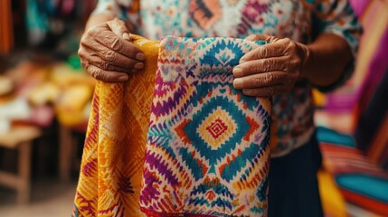 Artisan showcases vibrant Chilean fabrics with intricate designs in a lively market