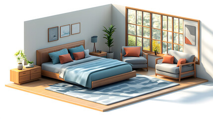 Minimalist 3D isometric cartoon depiction of a modern furniture set with a comfortable bed, sleek armchair, and stylish sofa