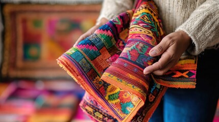 Local artisan showcases colorful Chilean fabrics while the blurred tapestry adds cultural depth