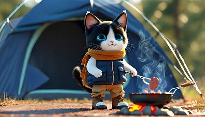 キャンプ場で料理をする猫