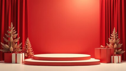 A minimalist stage design style with vibrant stage back style, with Christmas decorations and gifts boxes in the background, color of noel red, warm gold, creamy white, New Year and Christmas theme