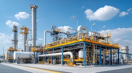 Expansive industrial gas processing facility featuring towering metal pipelines large storage tanks and other machinery in an aerial perspective